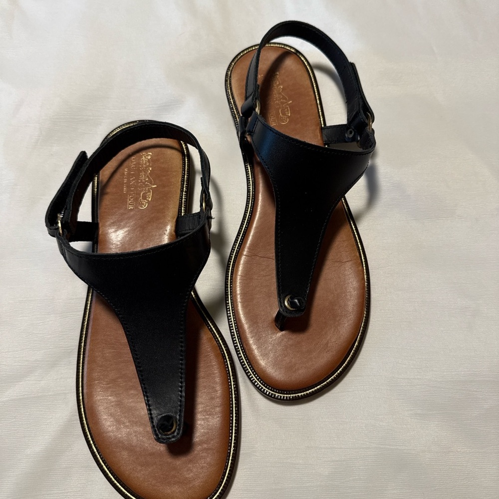 Coach and Four Black and Brown Leather T-Strap Sandals with Gold Trim